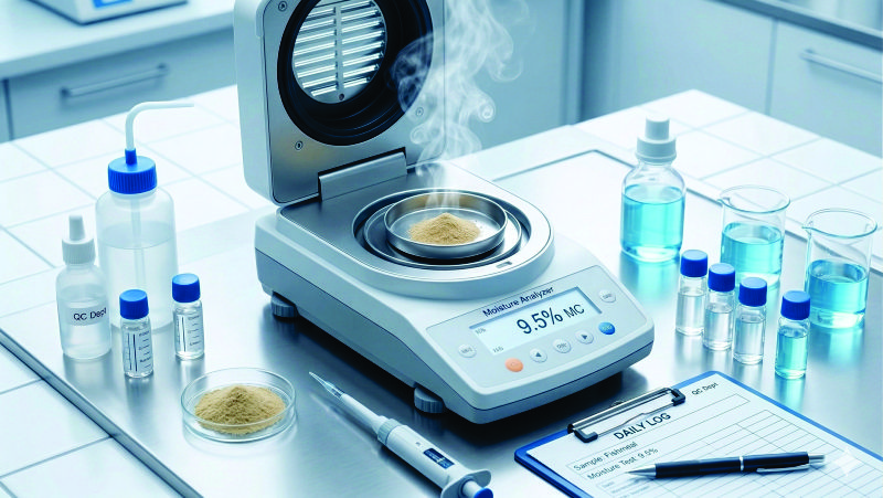 Laboratory analysis showing low moisture (9.5%) and Loss on Drying method for premium Indonesian Fishmeal
