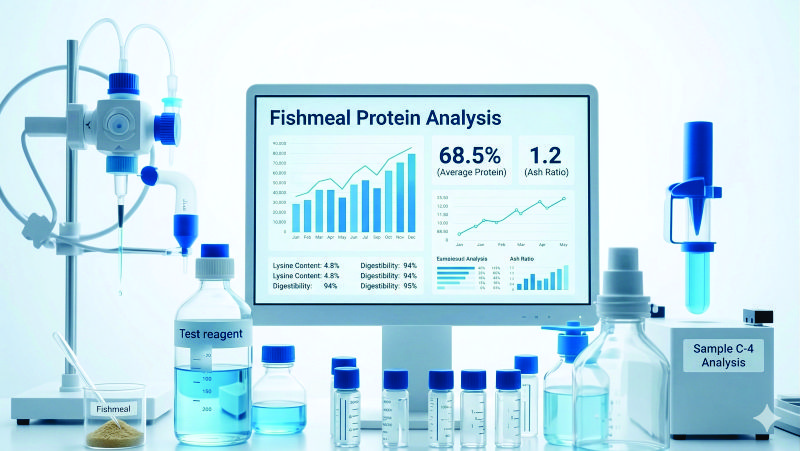 Laboratory analysis showing high protein (68.5%) and Kjeldahl method for premium Indonesian Fishmeal