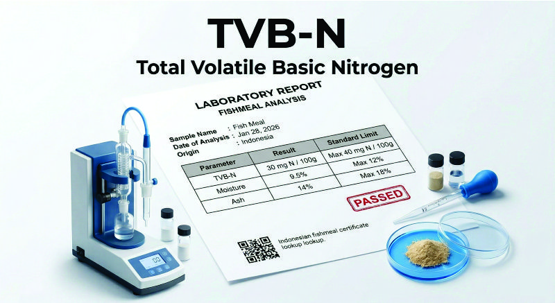 Official laboratory report certificate showing low TVB-N (130 mg N / 100g) for Indonesian Fishmeal premium grade